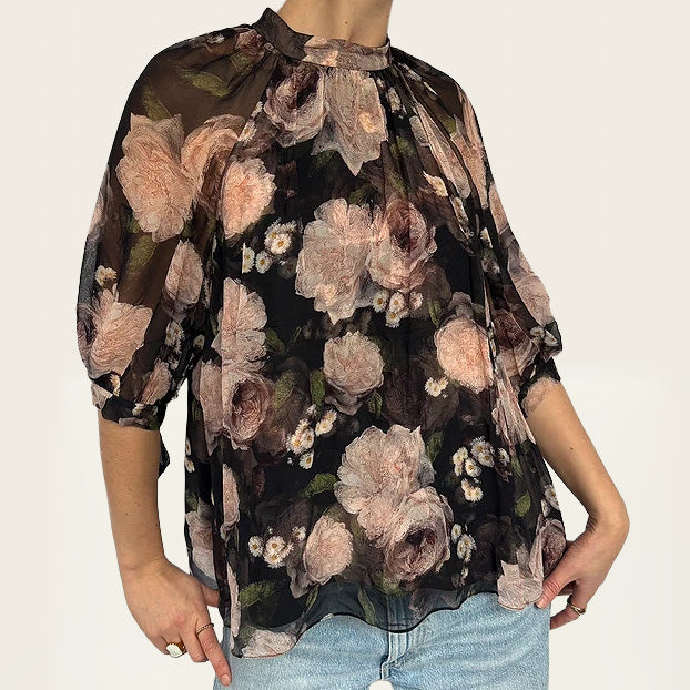 Erdem soepelvallende zijden top met bloemenprint