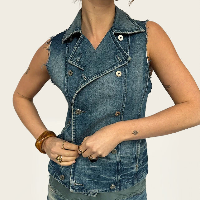 CPS denim gilet met distressed mouwen
