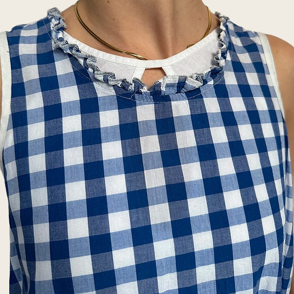 Vintage geruite blauw-witte katoenen jurk