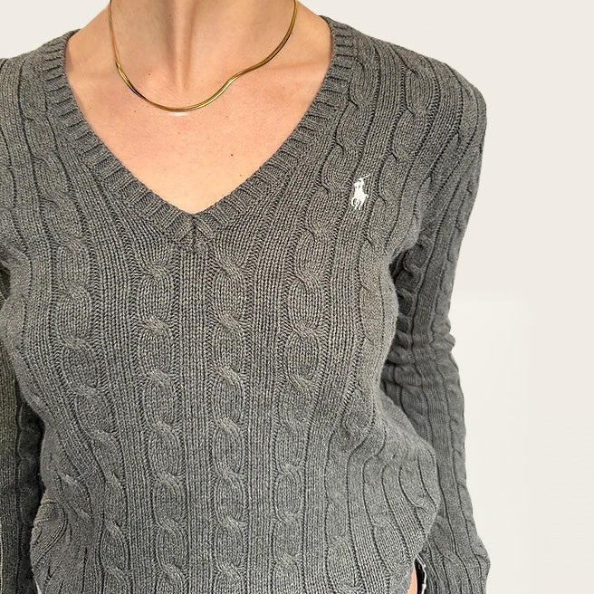 Ralph Lauren grijze kabeltrui V-hals