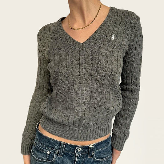 Ralph Lauren grijze kabeltrui V-hals